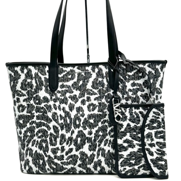 Michael Kors XL East West Tote Bag Leopard Print Black Multi - Picture 1 of 12